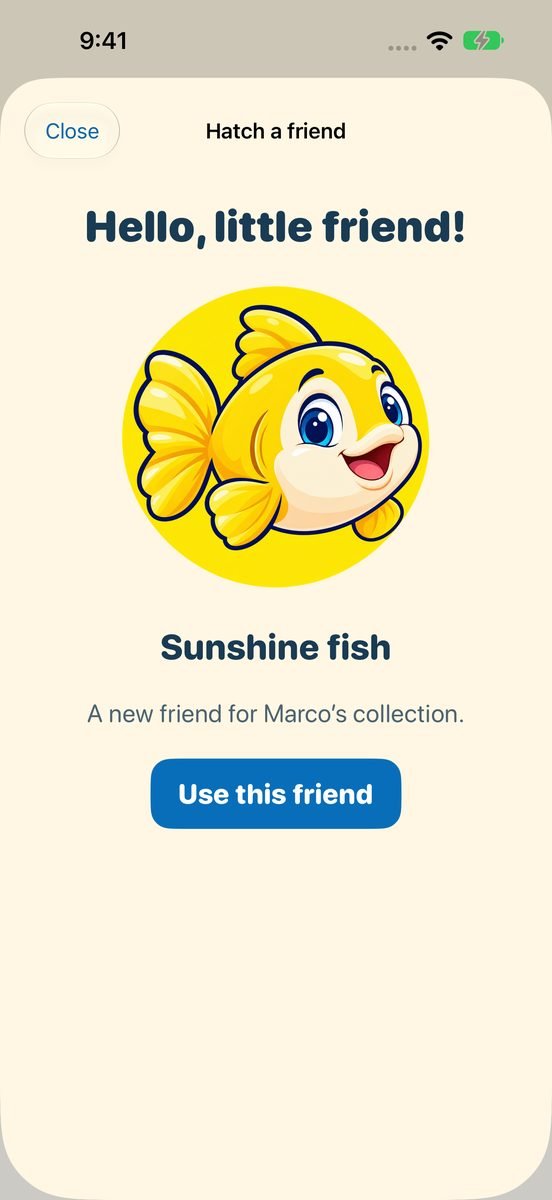 Hatch a friend: Hello, little friend! Sunshine fish, a new friend for Marco’s collection, with a Use this friend button