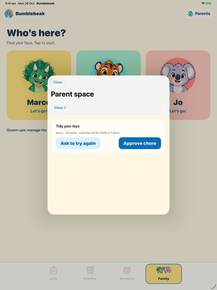 The parent inbox on iPad: Tidy your toys from Marco, 20 points, with Ask to try again and Approve chore buttons