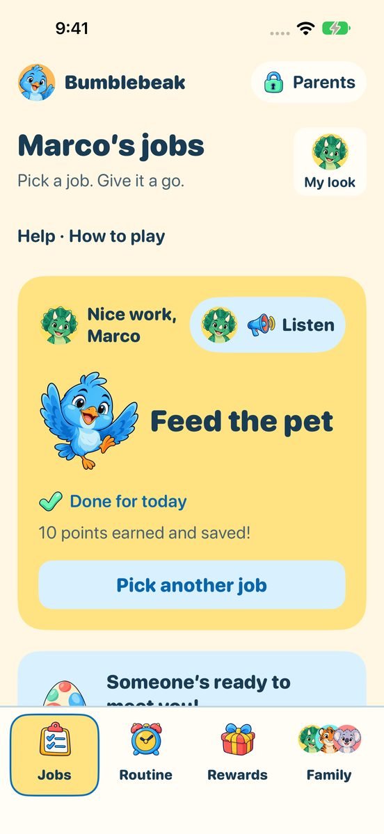 After I did it!: Nice work, Marco. Feed the pet, done for today, 10 points earned and saved