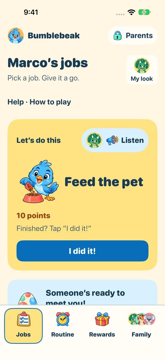 Bumblebeak on iPhone: Marco’s jobs, with Feed the pet drawn big, 10 points, and an I did it! button