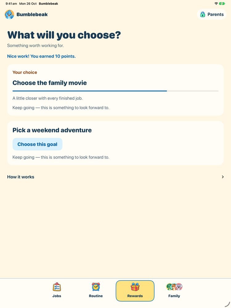 Rewards on iPad: What will you choose? Your choice, Choose the family movie, with a progress bar