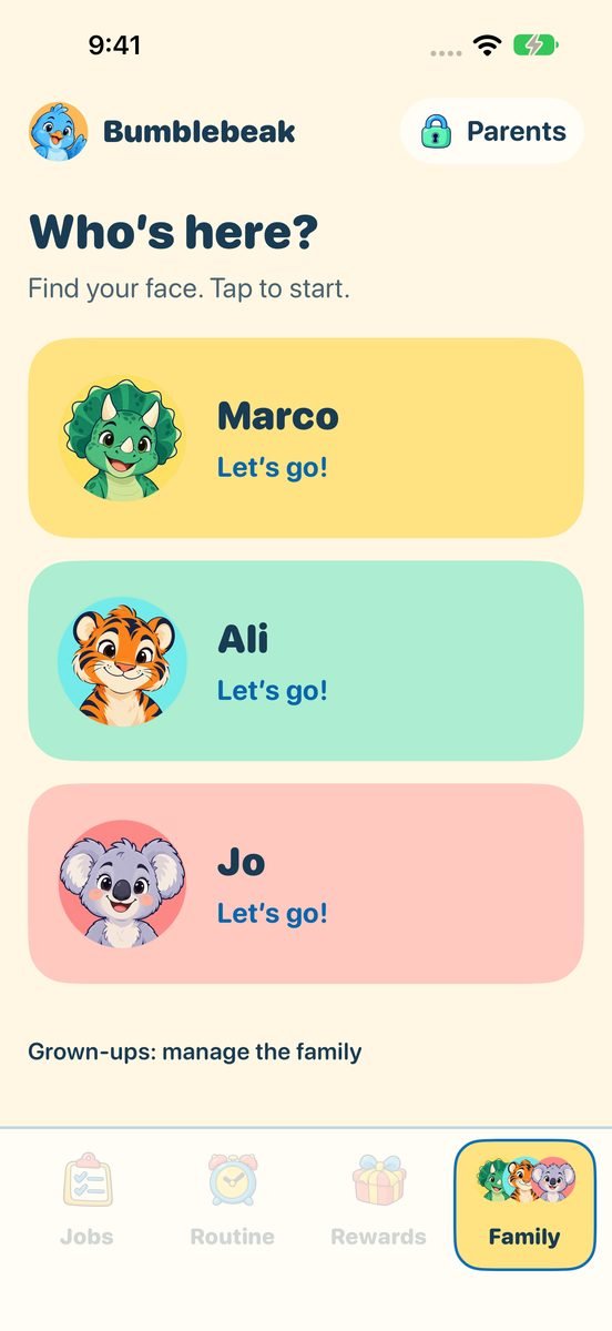 Who’s here? on iPhone, with large portrait rows for Marco, Ali and Jo, and the bottom bar on Family while the other tabs wait